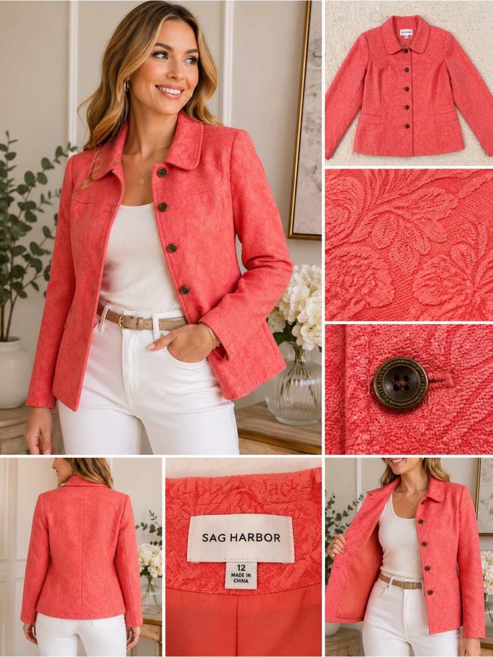 Sag Harbor Coral Jacquard Blazer Jacket Floral Career Office Chic Size 12